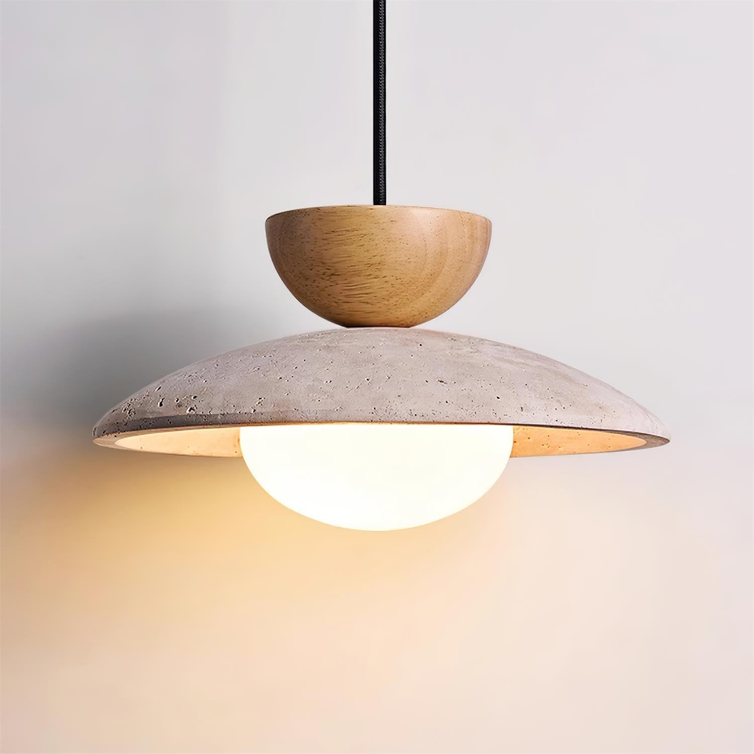 Modern Travertine Dome Pendant Light With Wood Trim And Diffused Glass