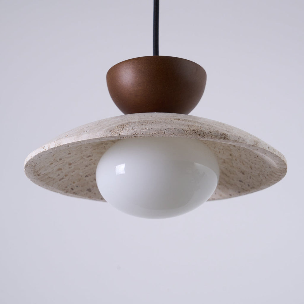 Modern Travertine Dome Pendant Light With Wood Trim And Diffused Glass