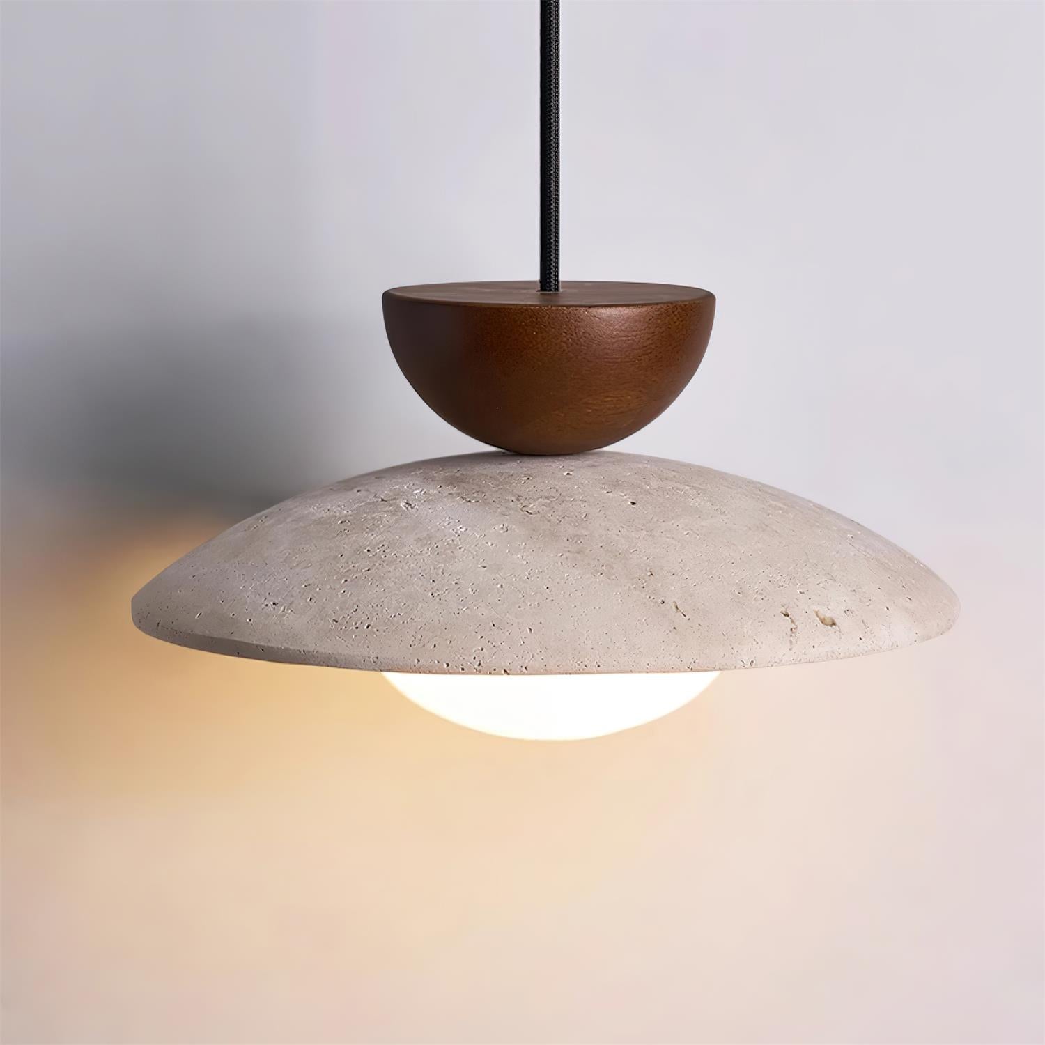 Modern Travertine Dome Pendant Light With Wood Trim And Diffused Glass