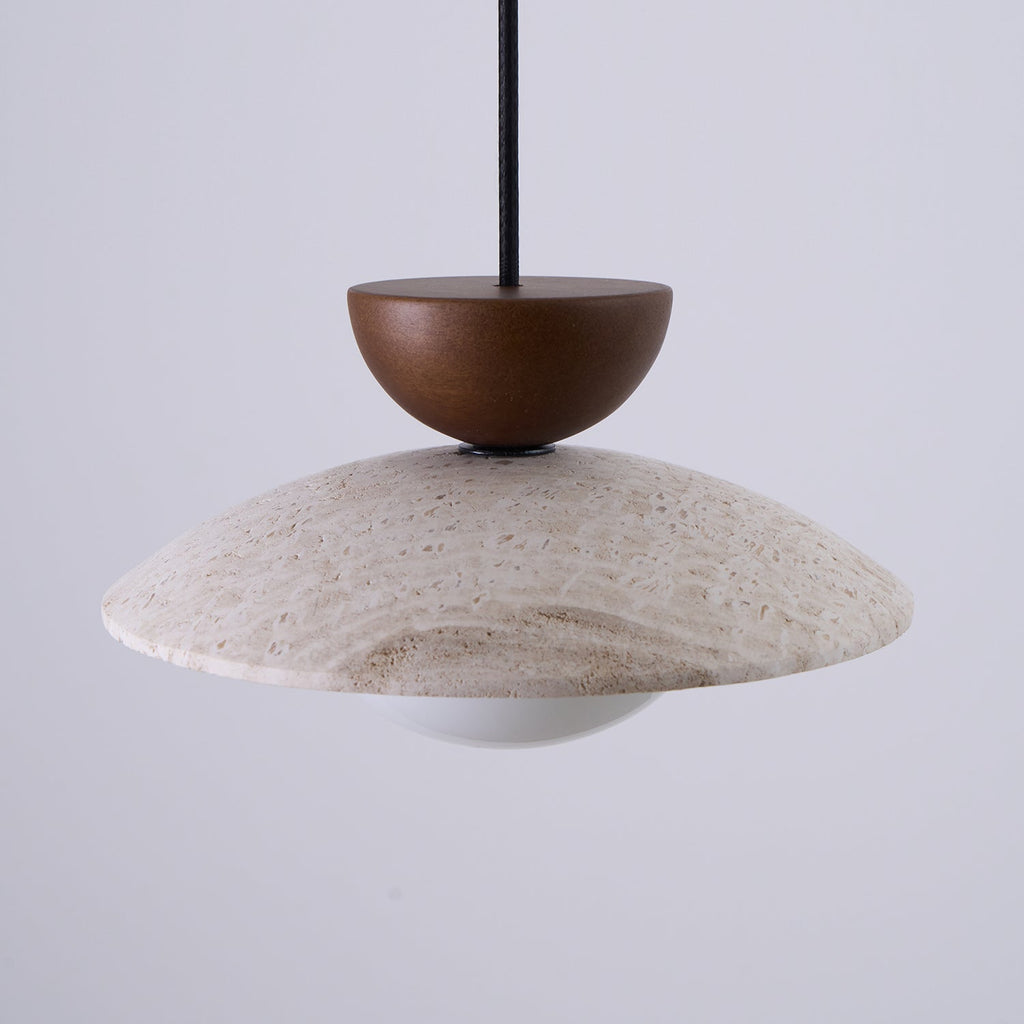 Modern Travertine Dome Pendant Light With Wood Trim And Diffused Glass