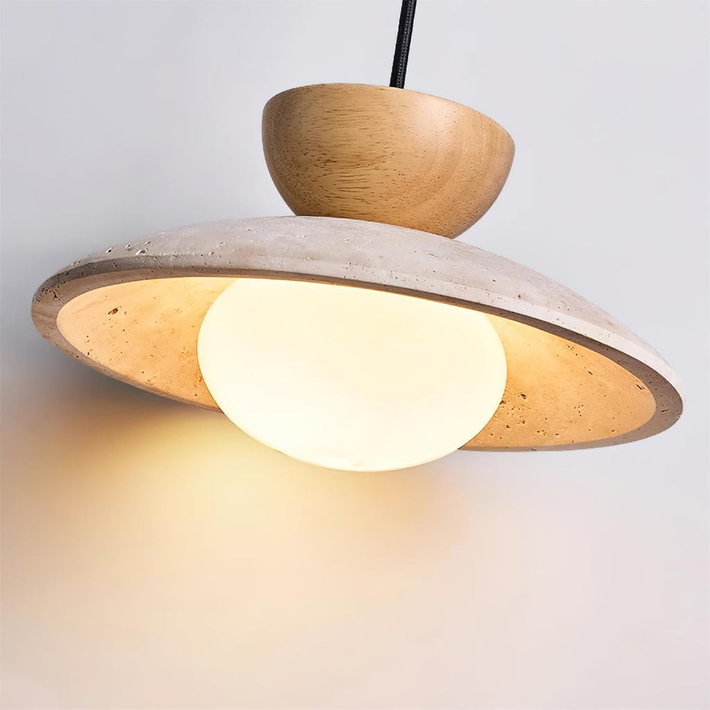 Modern Travertine Dome Pendant Light With Wood Trim And Diffused Glass