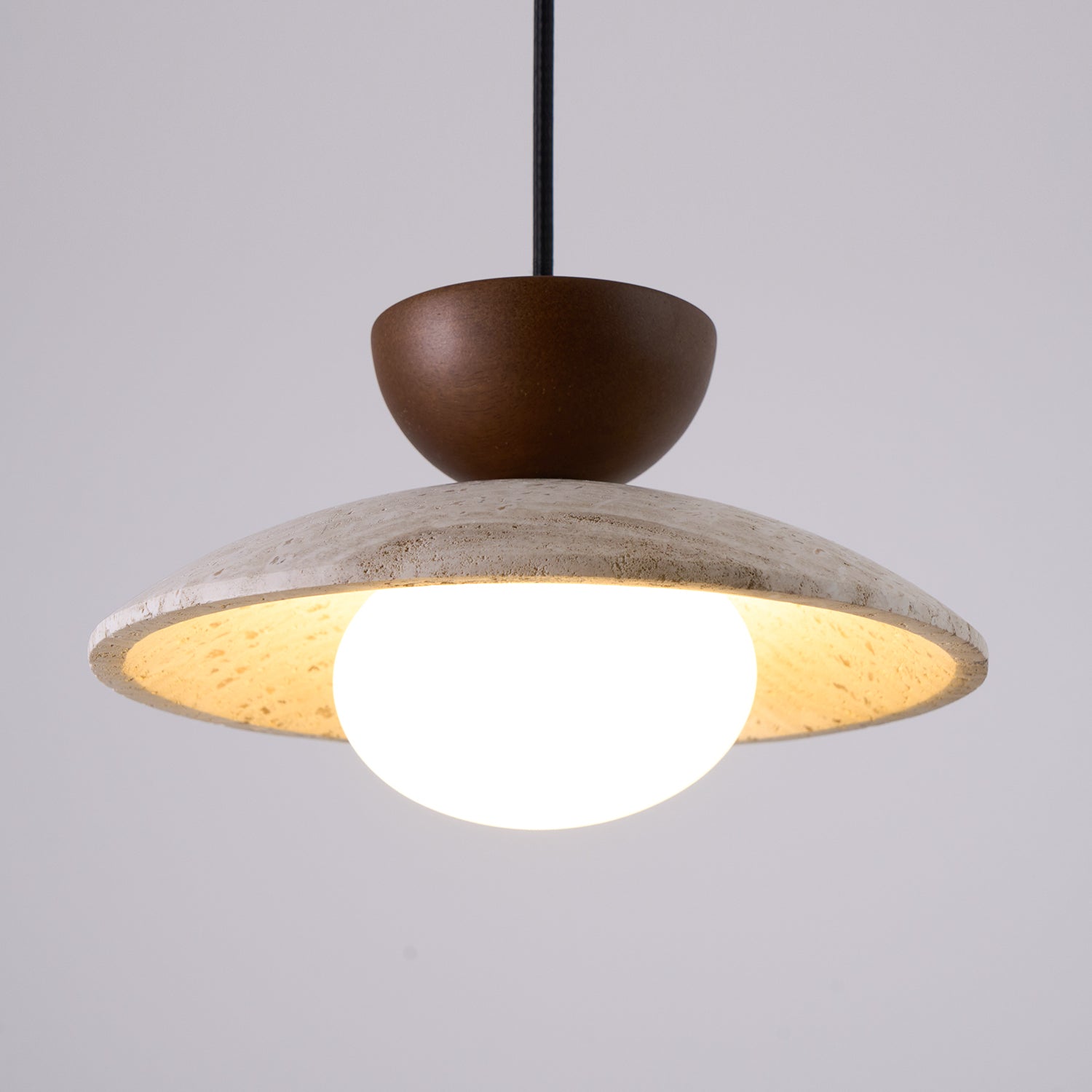 Modern Travertine Dome Pendant Light With Wood Trim And Diffused Glass