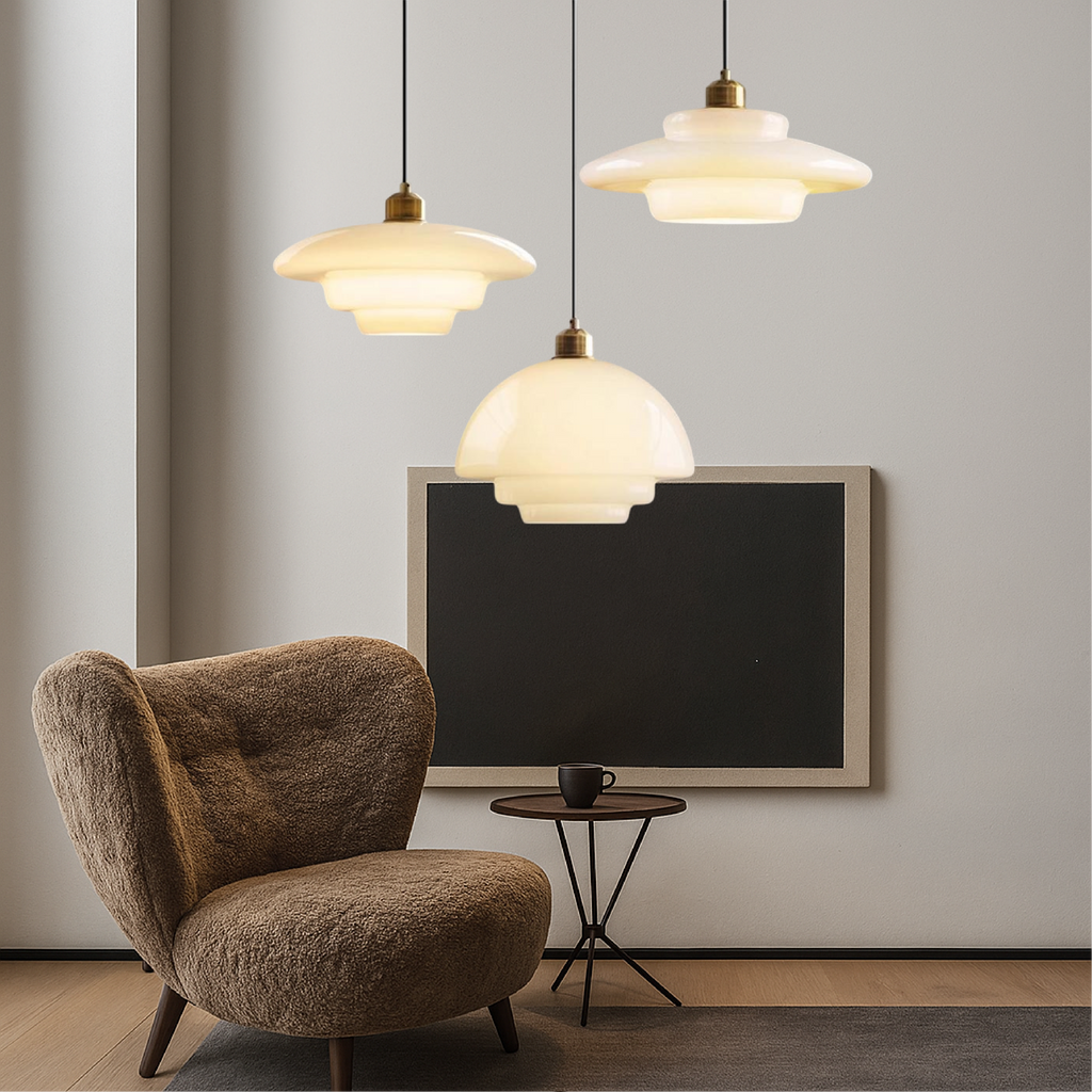 Vintage Milky White Glass Pendant Light With Simple Metal Frame