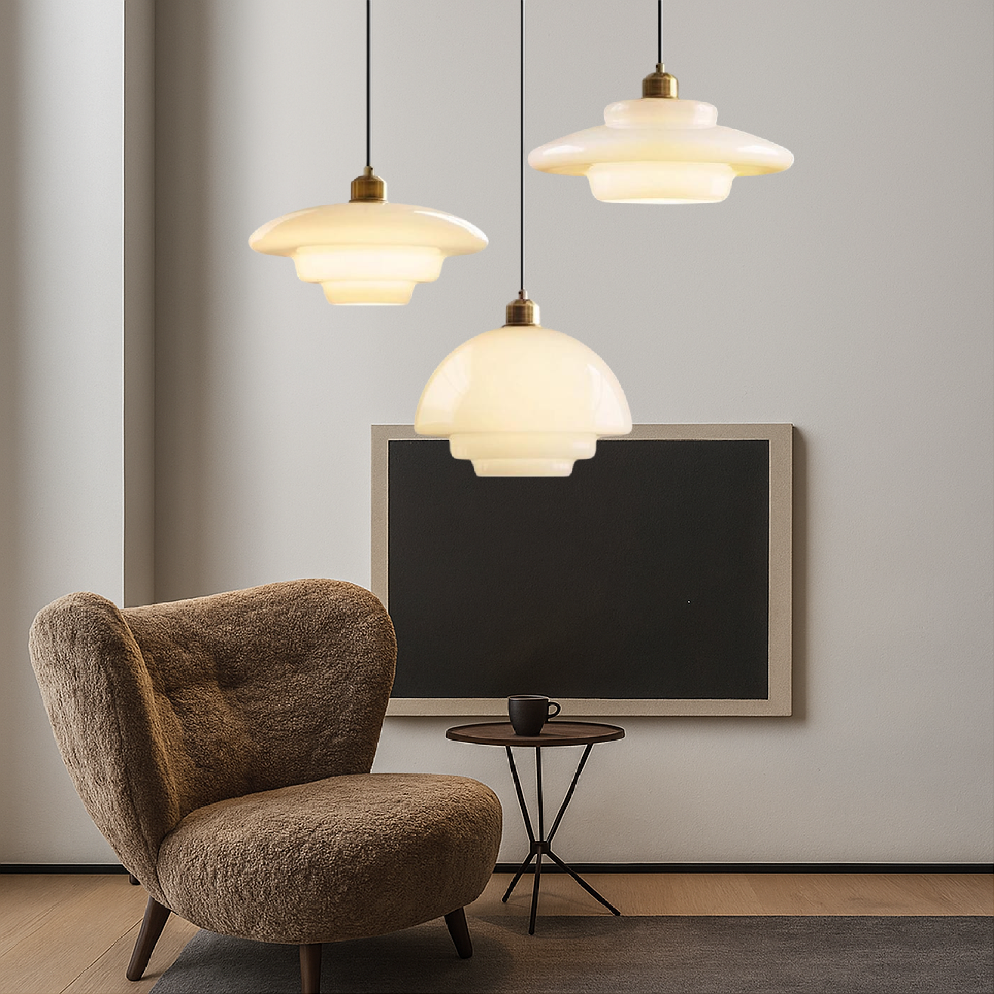 Vintage Milky White Glass Pendant Light With Simple Metal Frame