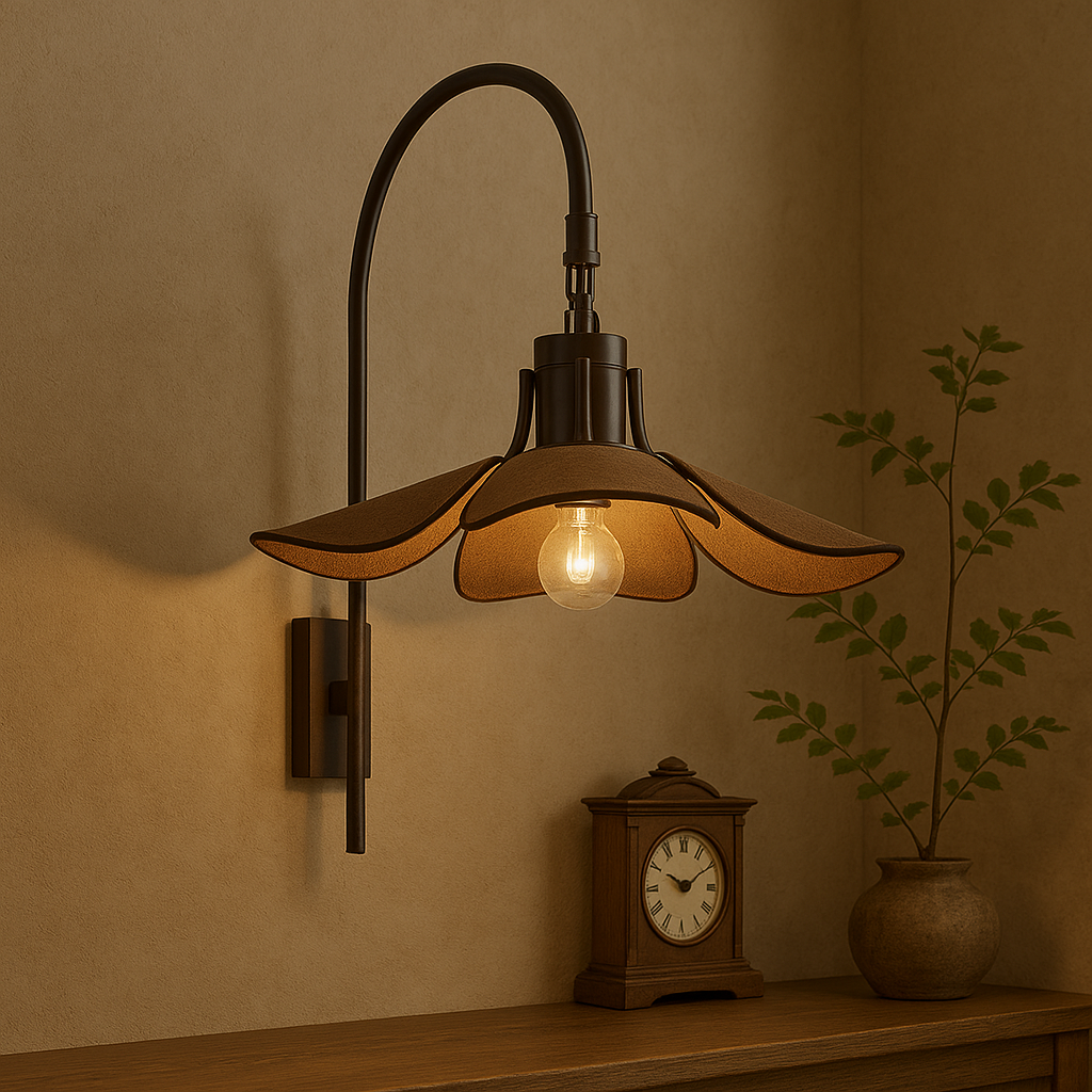 Wabi Sabi Floral Wall Light With Five Petal Linen Shade And Curved Arm