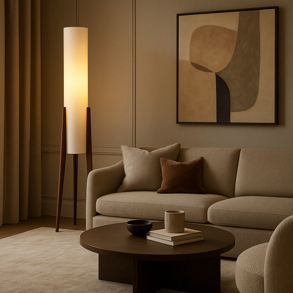 Midcentury Solid Walnut Tripod Floor Lamp With Fabric Drum Shade