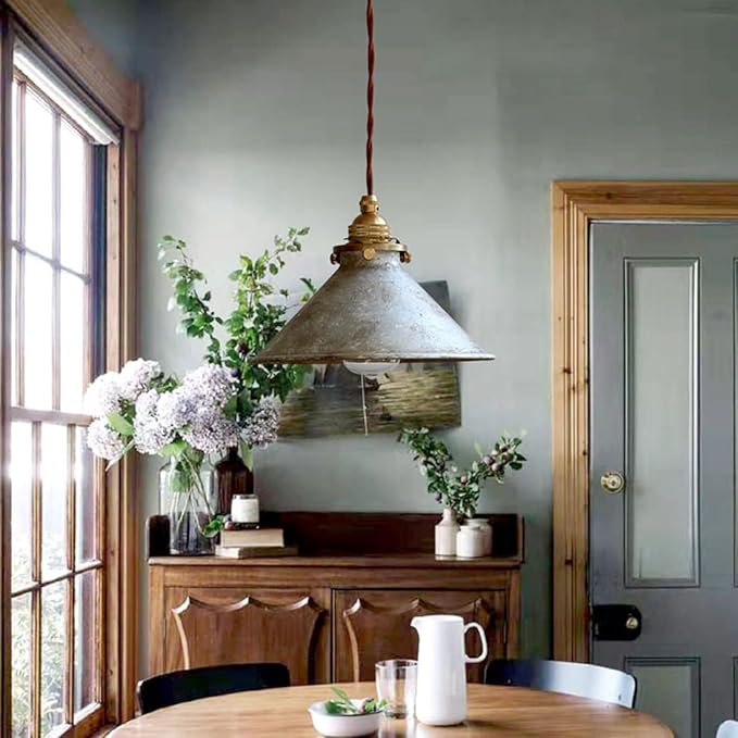 Vintage Rustic Industrial Hanging Pendant Light With Metal Cone Shade