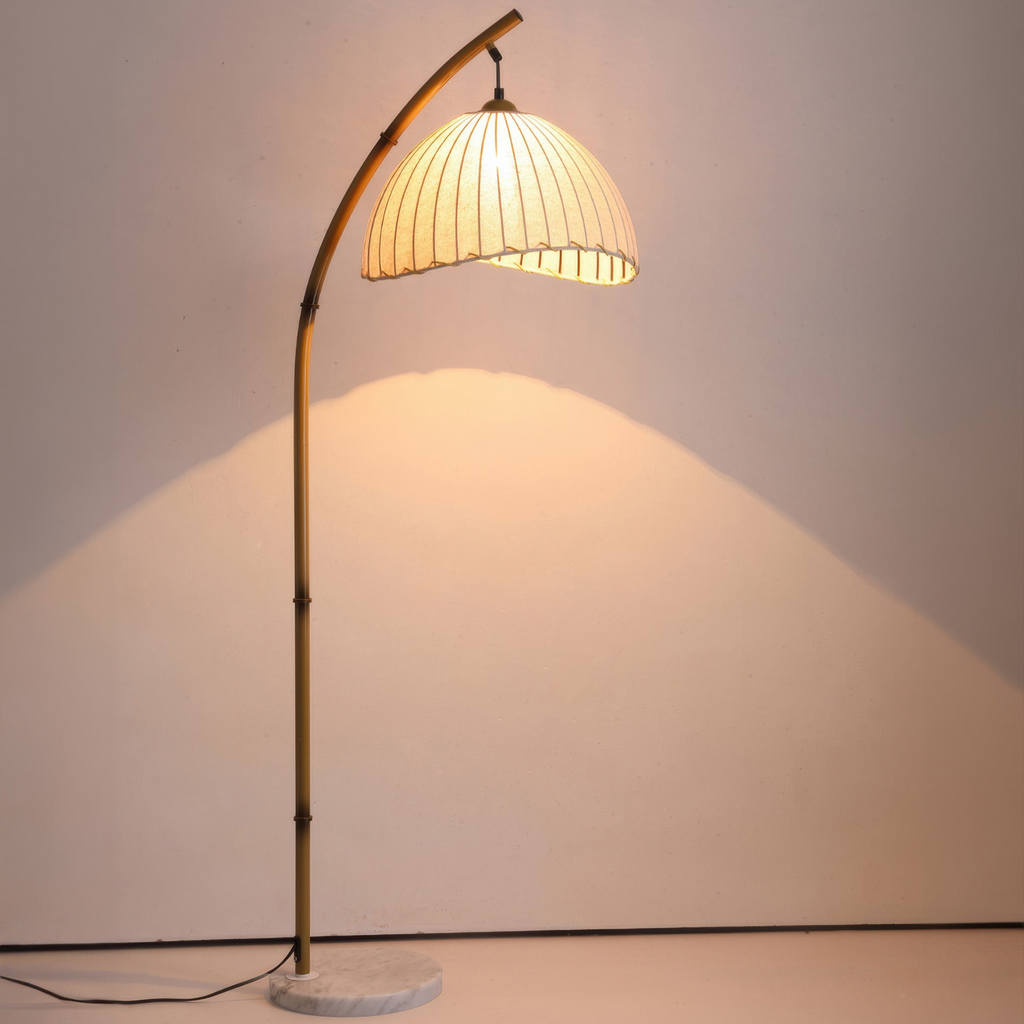 Contemporary Curved Bamboo Floor Lamp Featuring Pleated Linen Shade