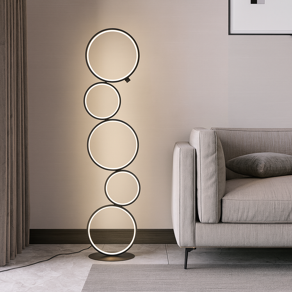 Modern Stacked Ring Floor Lamp With Halo LED Light Contemporary Design