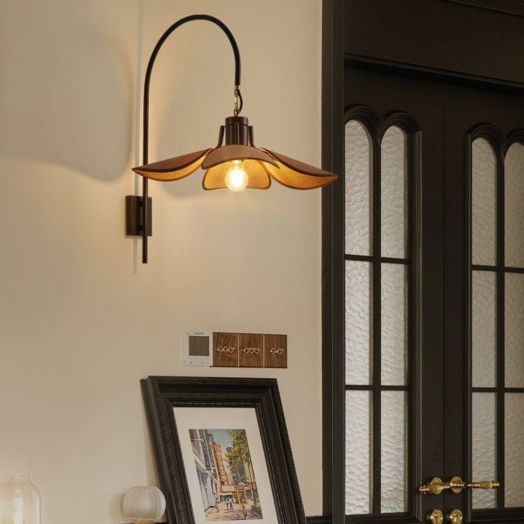 Wabi Sabi Floral Wall Light With Five Petal Linen Shade And Curved Arm