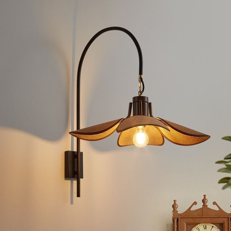 Wabi Sabi Floral Wall Light With Five Petal Linen Shade And Curved Arm