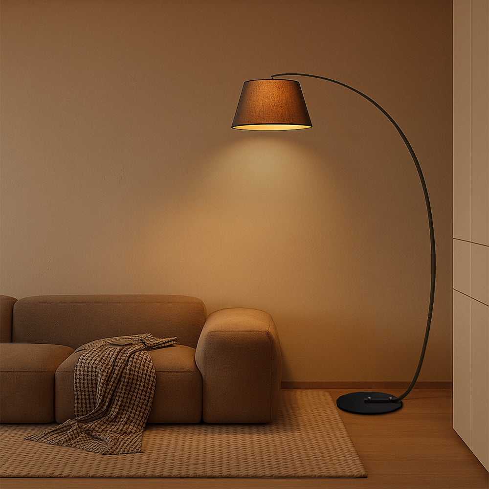 Modern Arc Floor Lamp With Brushed Gold Finish And Cream Shade