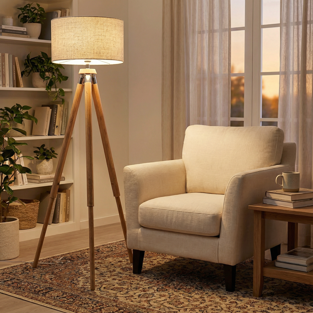 Luminara Tripod Floor Lamp With Wood Base And Fabric Shade
