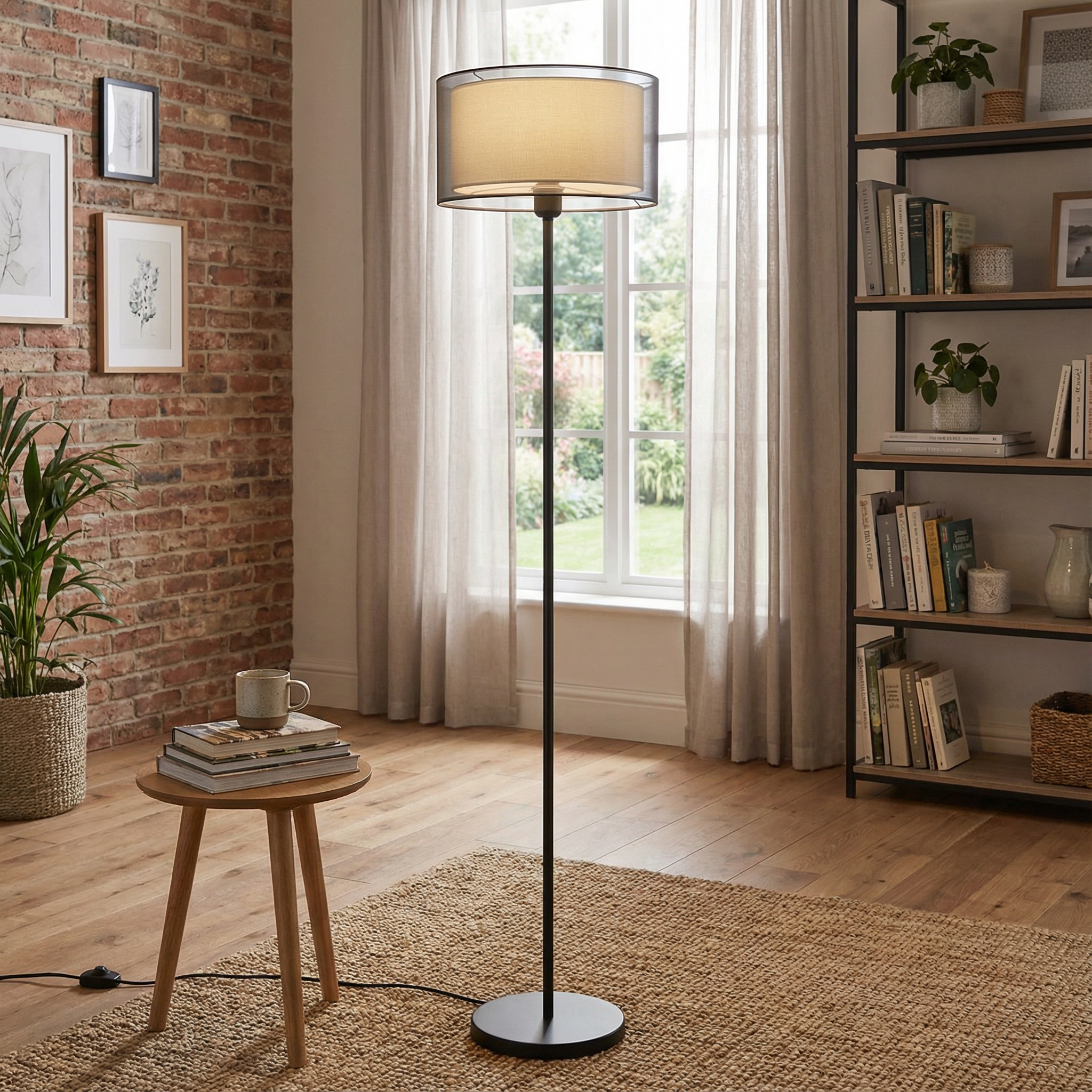 Modern Mesh Floor Lamp With Dual Layer Fabric Diffuser Shade Design