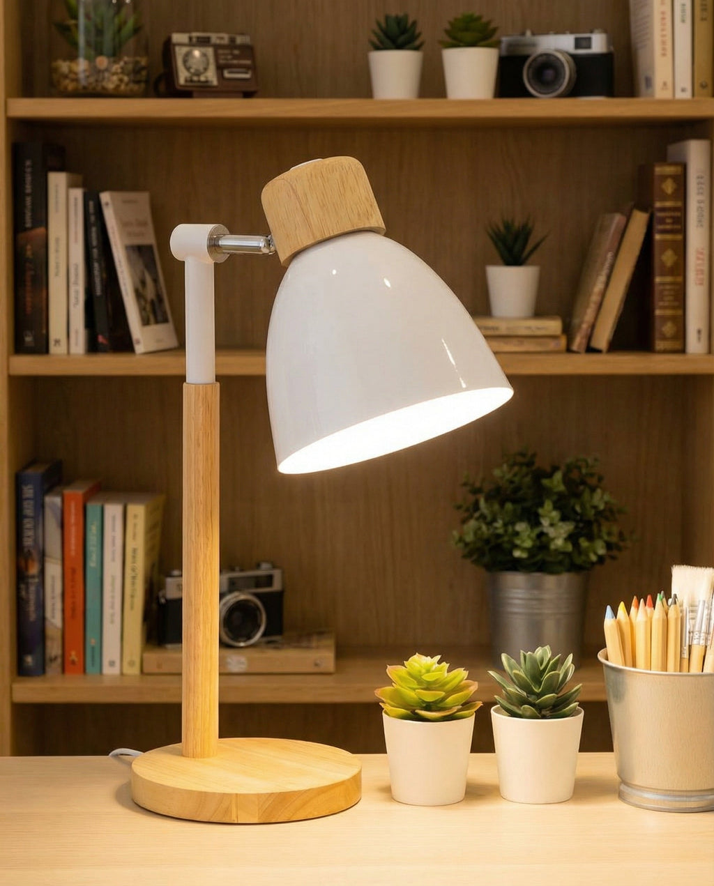 Contemporary Nordic Wood Table Lamp Featuring Curved Metal Shade