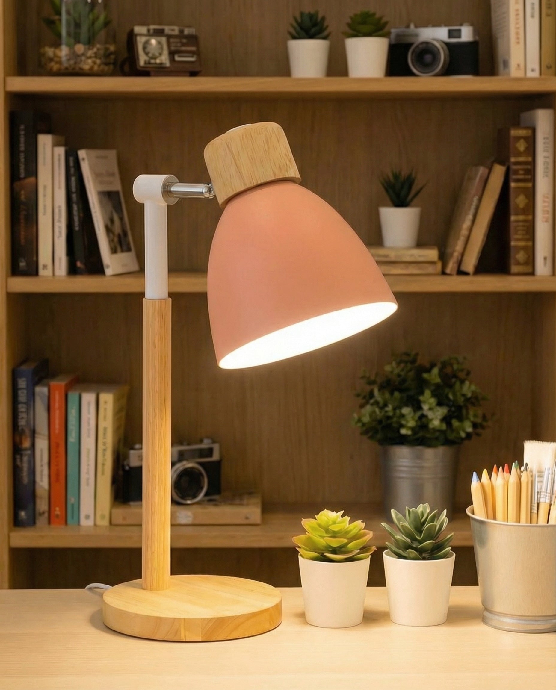 Contemporary Nordic Wood Table Lamp Featuring Curved Metal Shade