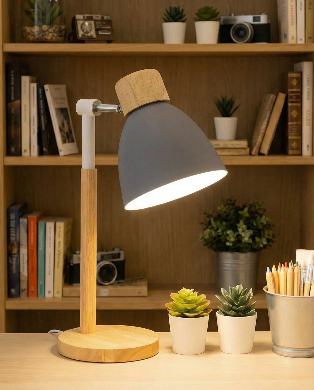 Contemporary Nordic Wood Table Lamp Featuring Curved Metal Shade