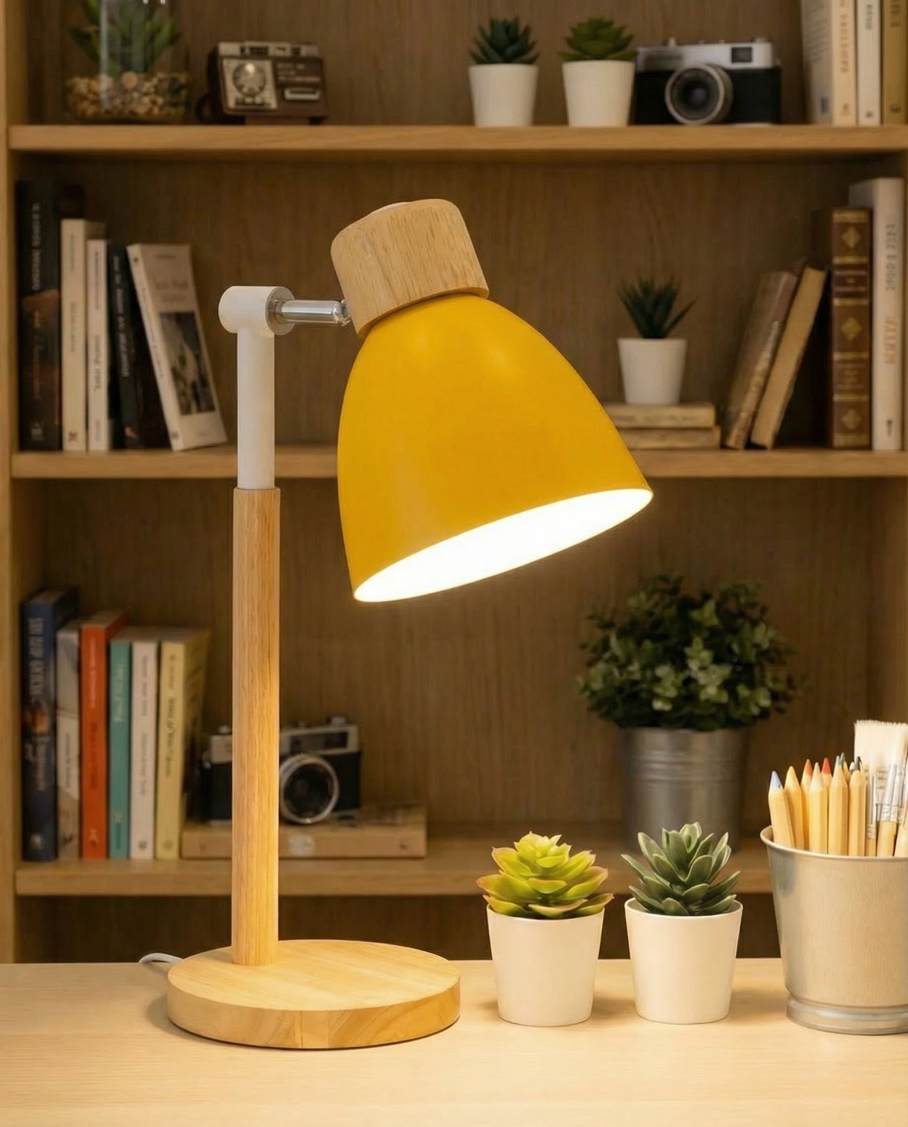 Contemporary Nordic Wood Table Lamp Featuring Curved Metal Shade
