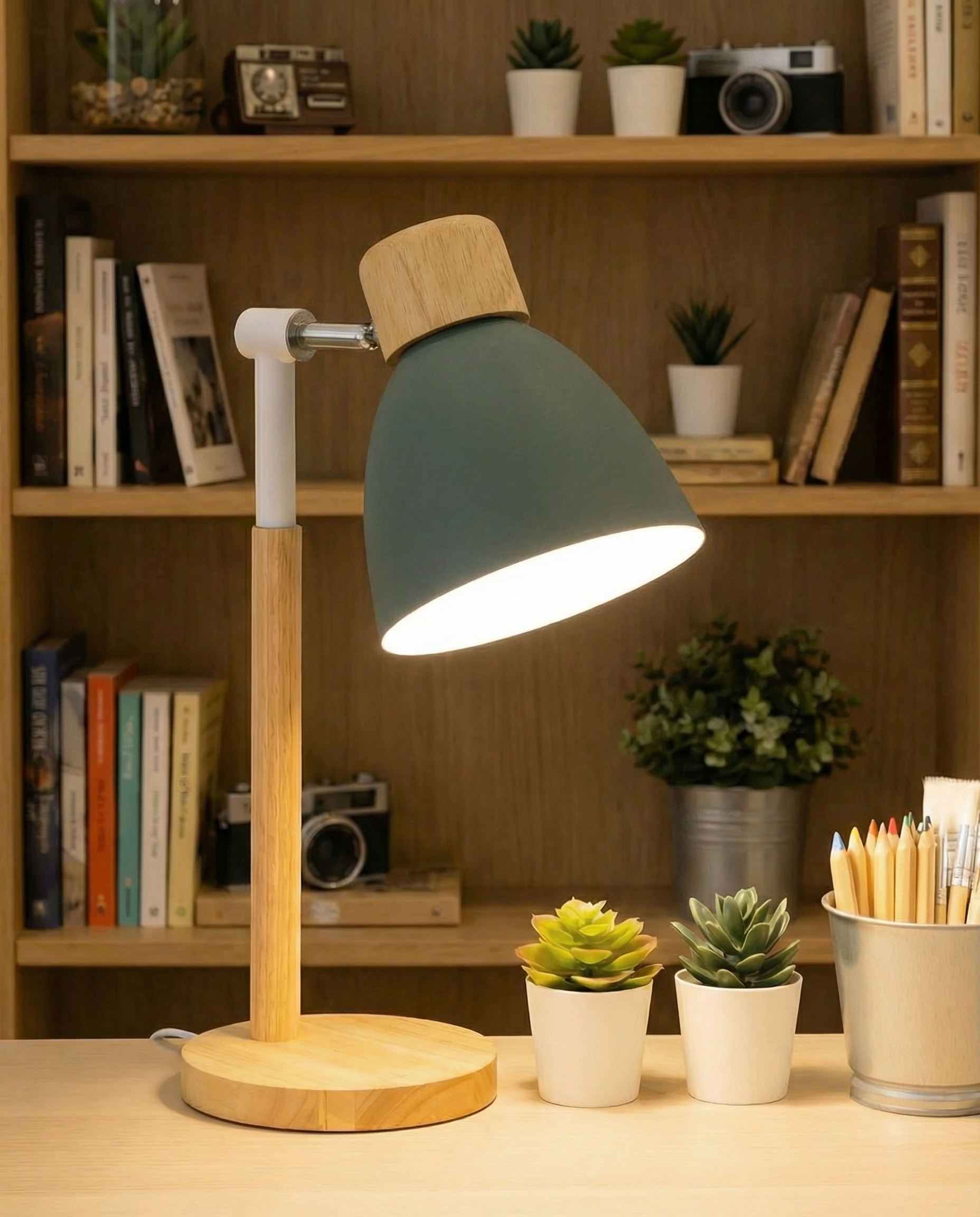 Contemporary Nordic Wood Table Lamp Featuring Curved Metal Shade