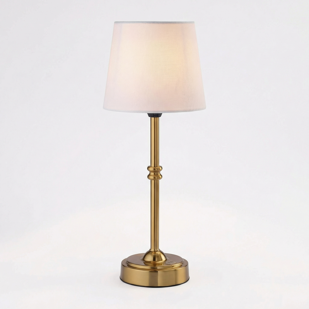 Modern Polished Brass Table Lamp With Soft Beige Fabric Shade