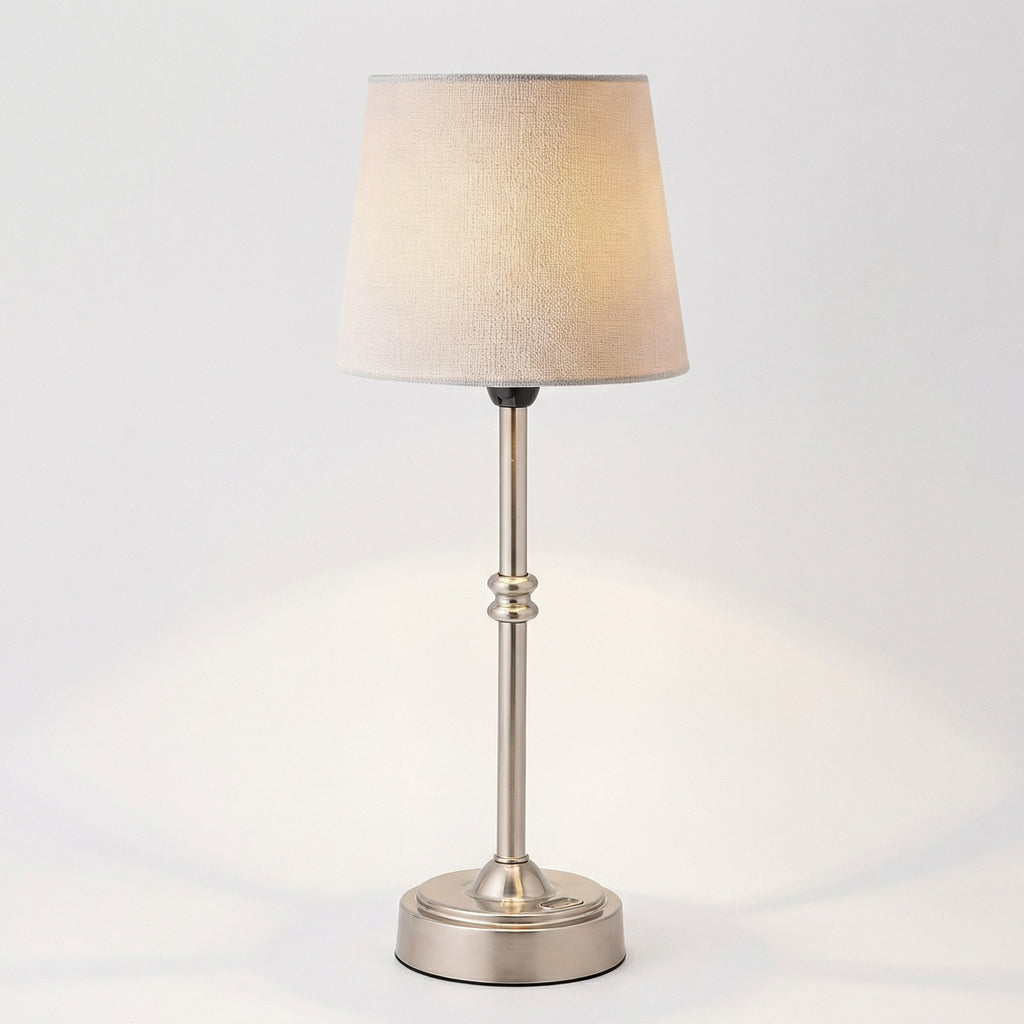 Modern Polished Brass Table Lamp With Soft Beige Fabric Shade