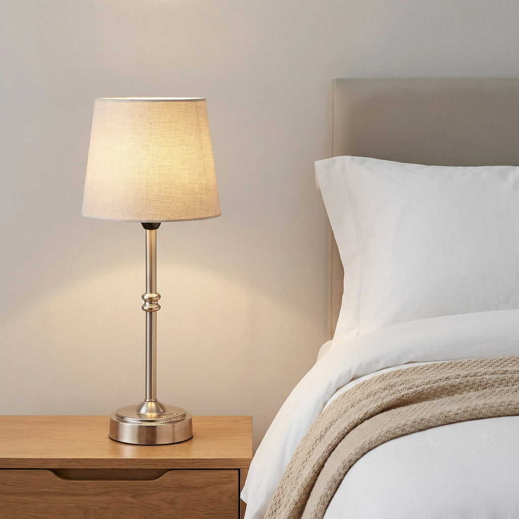Modern Polished Brass Table Lamp With Soft Beige Fabric Shade
