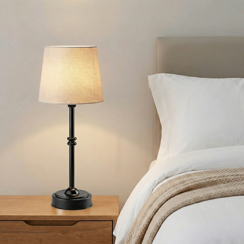 Modern Polished Brass Table Lamp With Soft Beige Fabric Shade