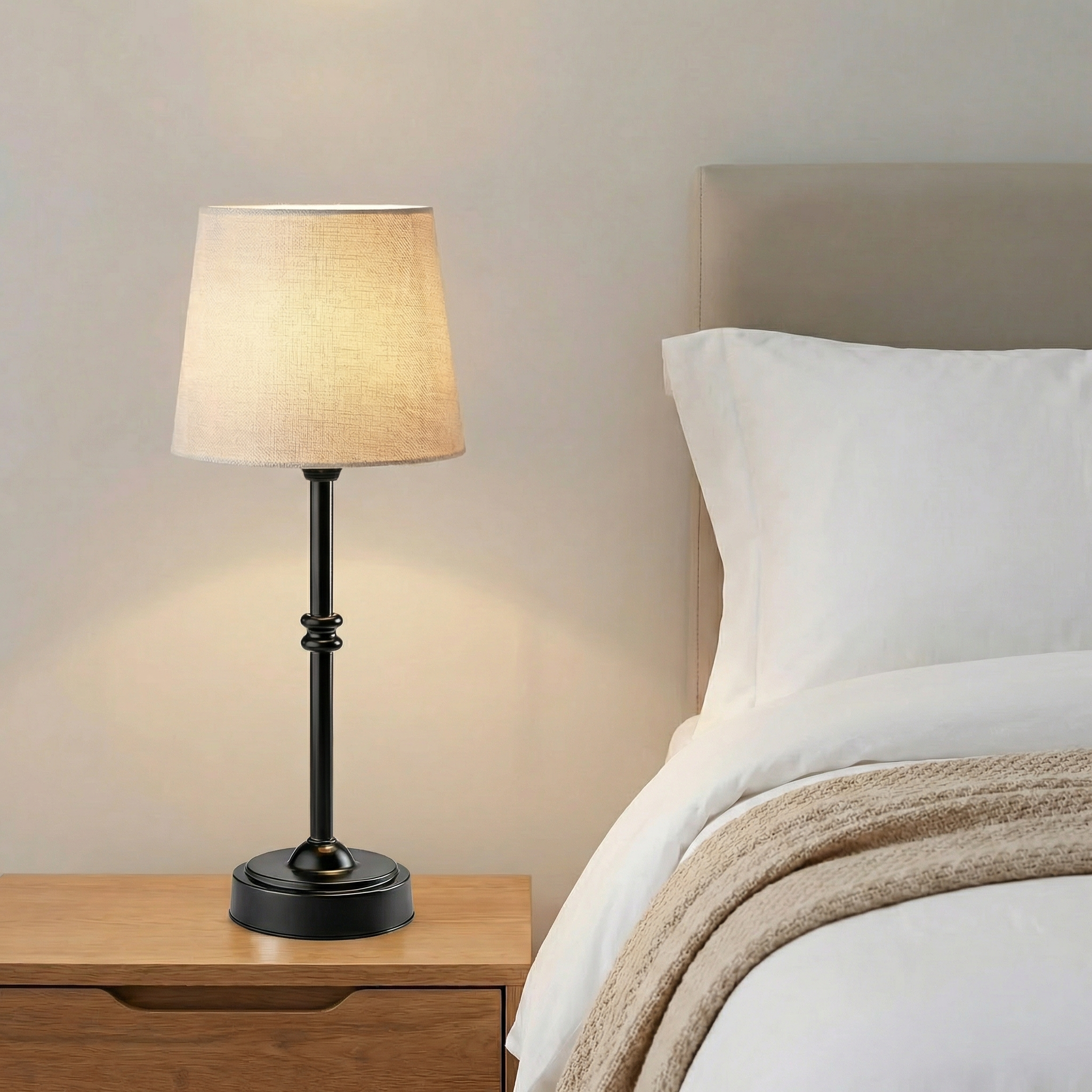 Modern Polished Brass Table Lamp With Soft Beige Fabric Shade