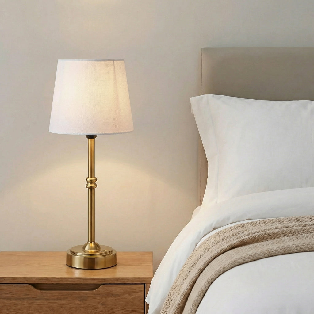 Modern Polished Brass Table Lamp With Soft Beige Fabric Shade
