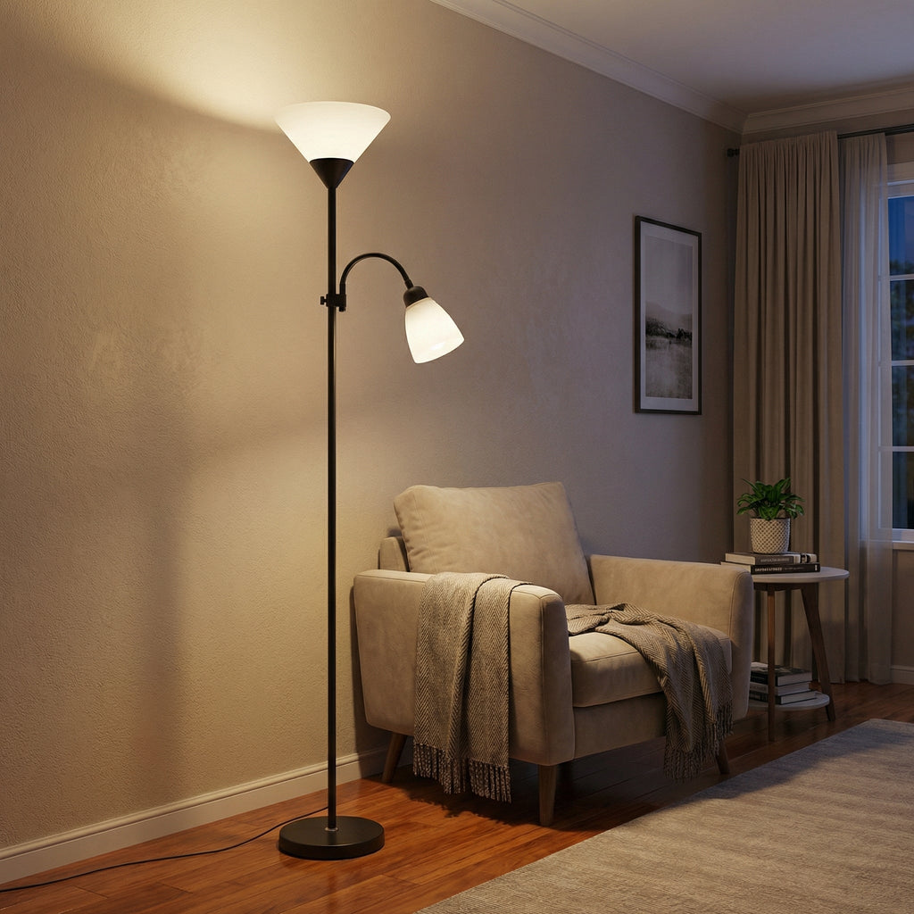 Modern Black Double Head Floor Lamp With Adjustable Reading Light