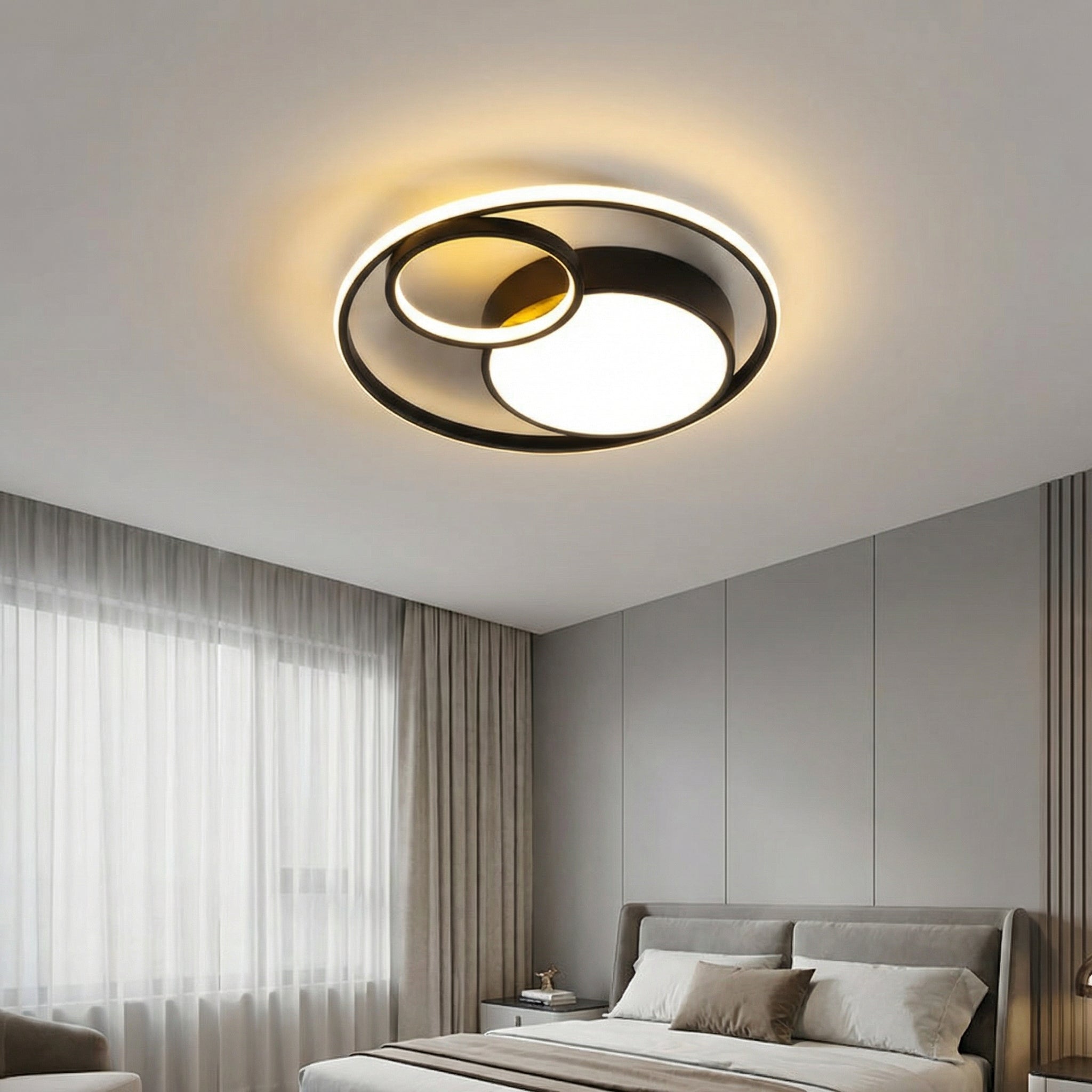 Black Gourd Led Ceiling Light Featuring Overlapping Circular Rings