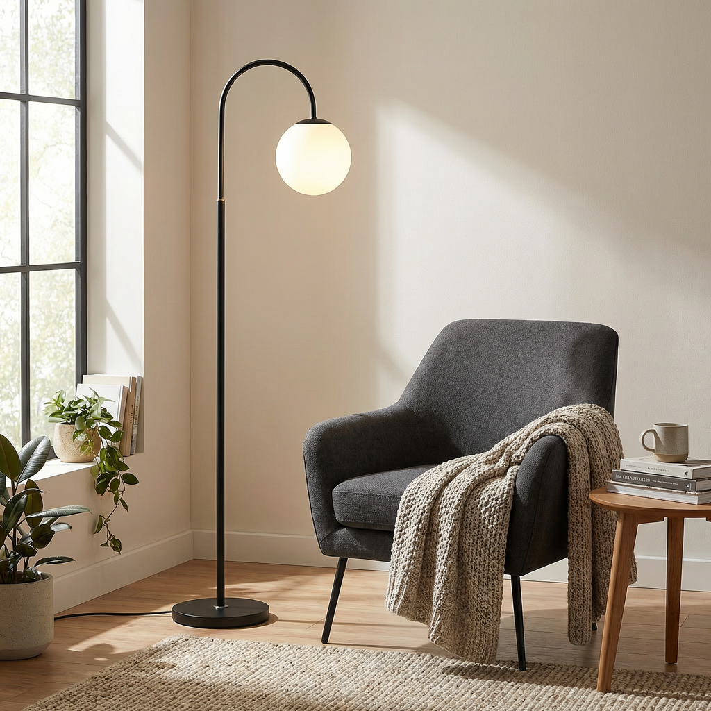 Nordic Moon Globe Floor Lamp With Slim Iron Frame And Frosted Shade