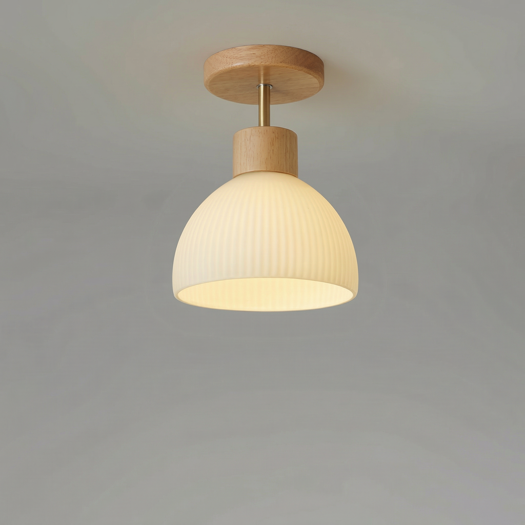 Nordic Wooden Glass Ceiling Light With Ribbed Shade Flush Mount