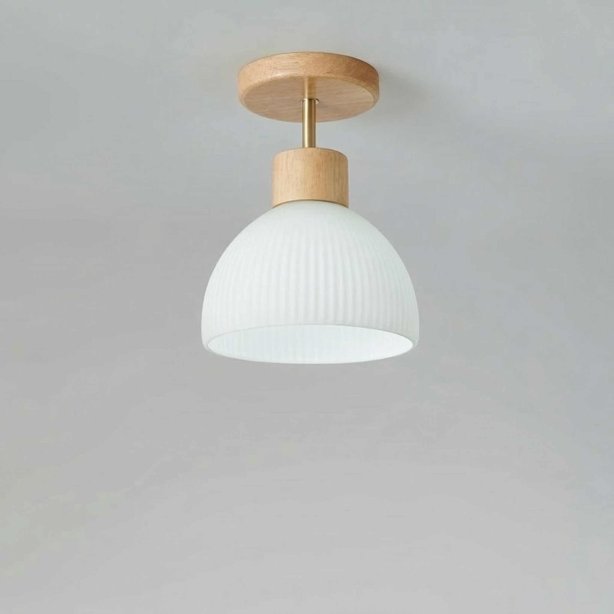 Nordic Wooden Glass Ceiling Light With Ribbed Shade Flush Mount