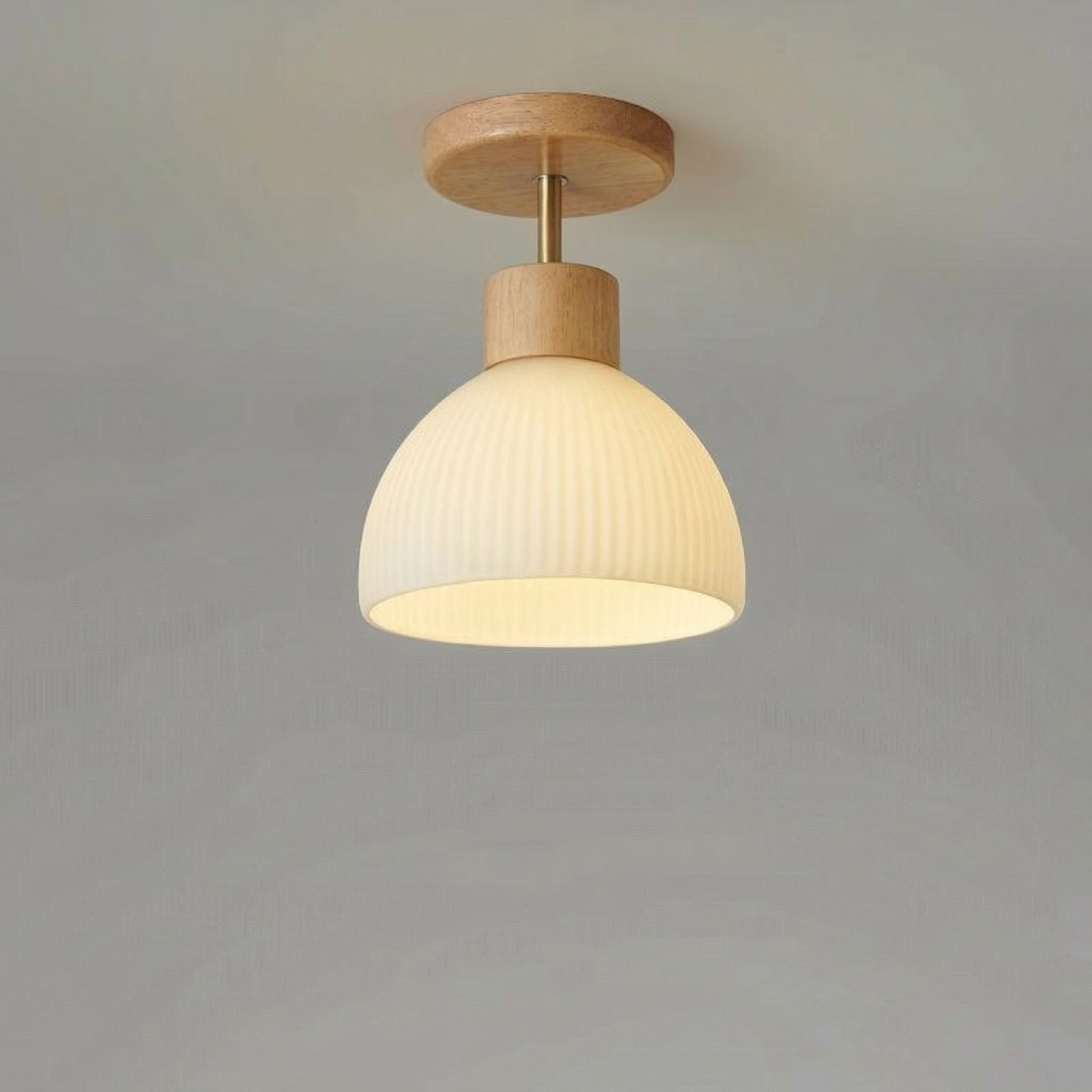 Nordic Wooden Glass Ceiling Light With Ribbed Shade Flush Mount