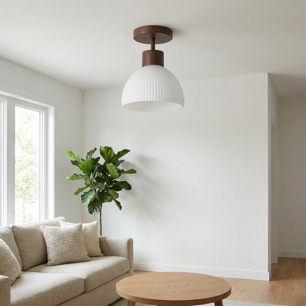 Nordic Wooden Glass Ceiling Light With Ribbed Shade Flush Mount