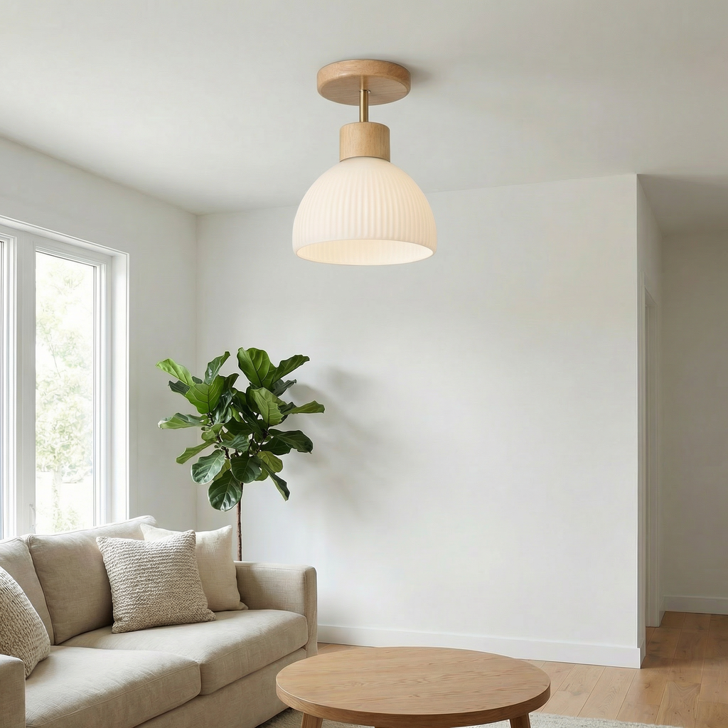 Nordic Wooden Glass Ceiling Light With Ribbed Shade Flush Mount