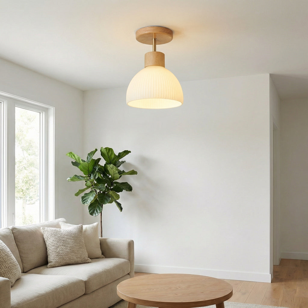 Nordic Wooden Glass Ceiling Light With Ribbed Shade Flush Mount