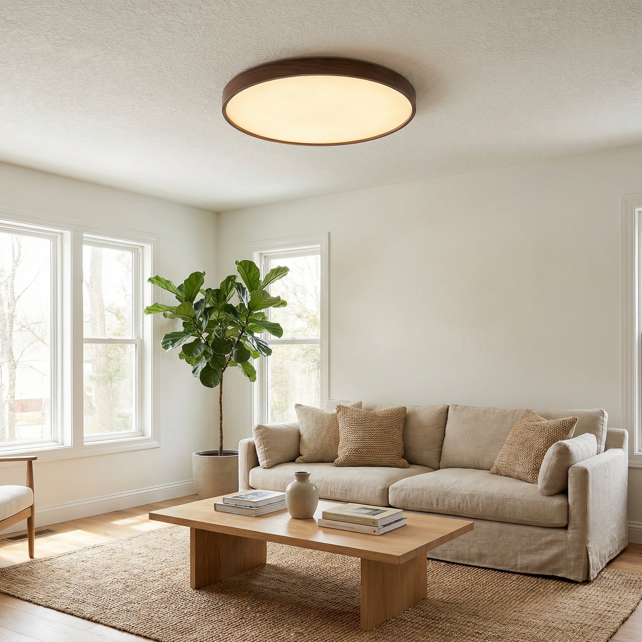40cm Round Led Ceiling Light 48W Flush Mount Wood Grain Decor
