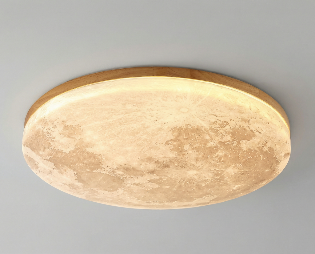 Oriental Moon LED Ceiling Light 26cm Natural Wood Frame Diffuser