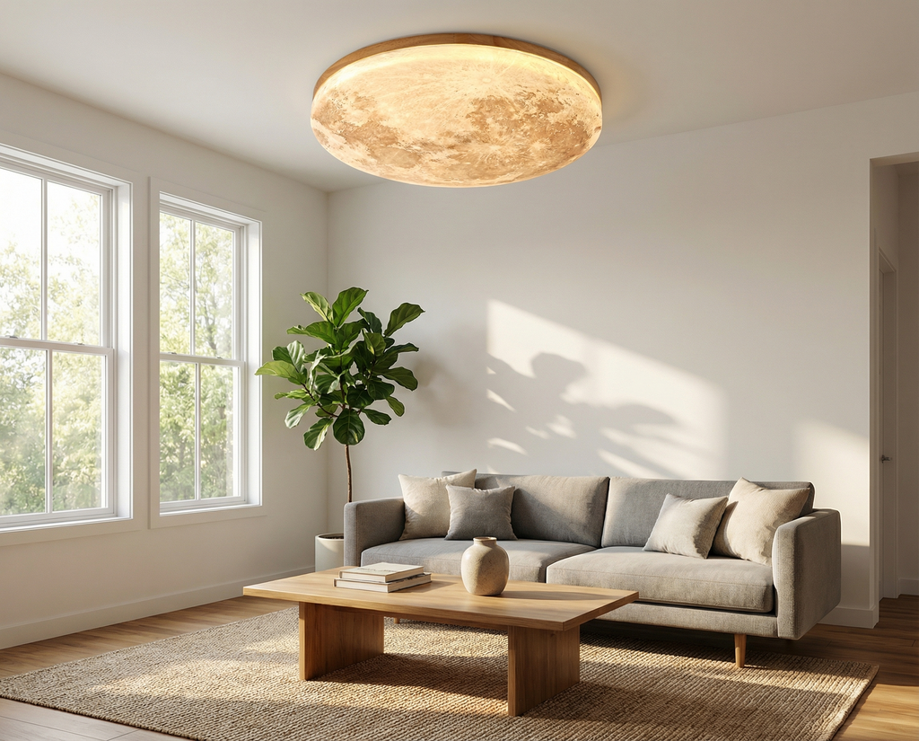 Oriental Moon LED Ceiling Light 26cm Natural Wood Frame Diffuser