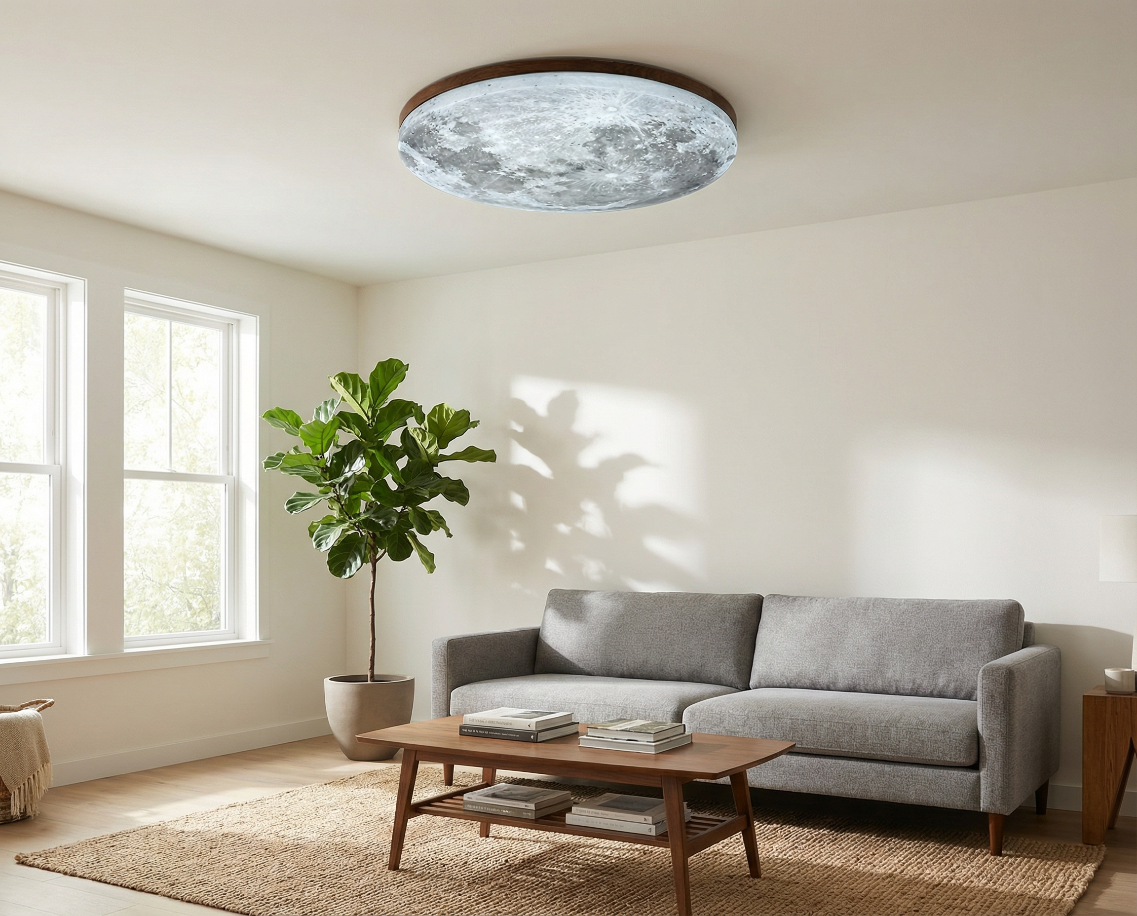 Oriental Moon LED Ceiling Light 26cm Natural Wood Frame Diffuser