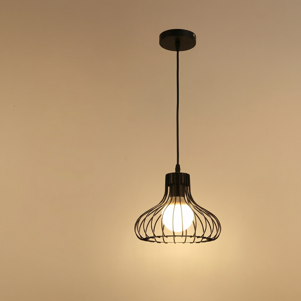 Black Nordic Industrial Curved Wire Cage Pendant Light Modern