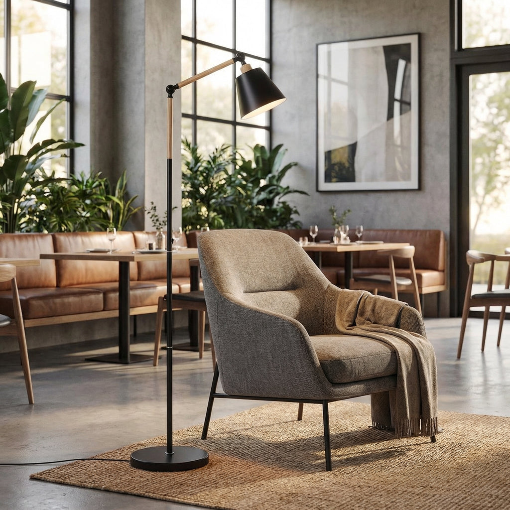 Lumina Nordic Adjustable Standing Lamp With Wooden Arm And Metal Frame
