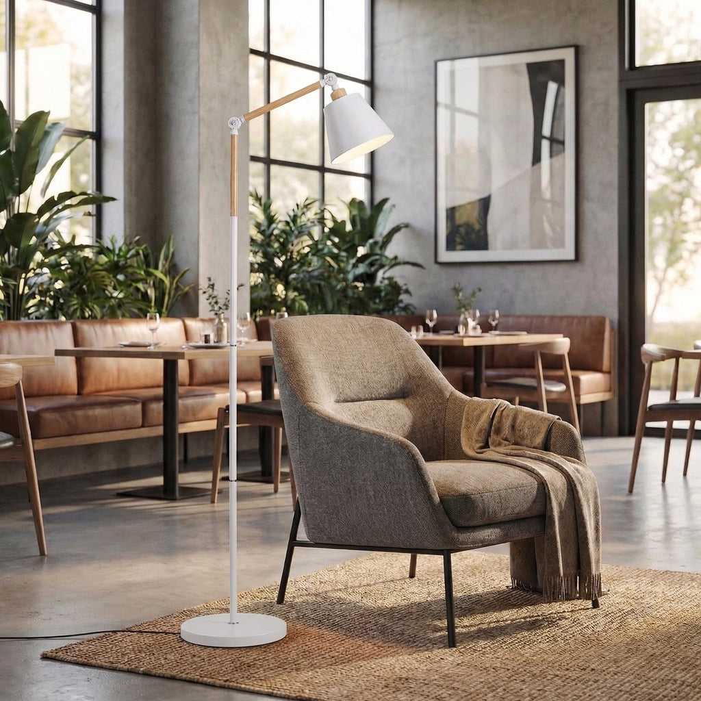 Lumina Nordic Adjustable Standing Lamp With Wooden Arm And Metal Frame