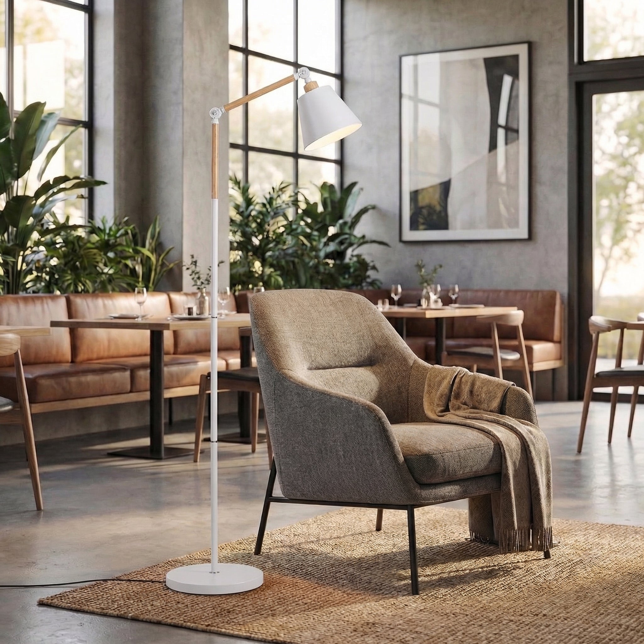 Lumina Nordic Adjustable Standing Lamp With Wooden Arm And Metal Frame