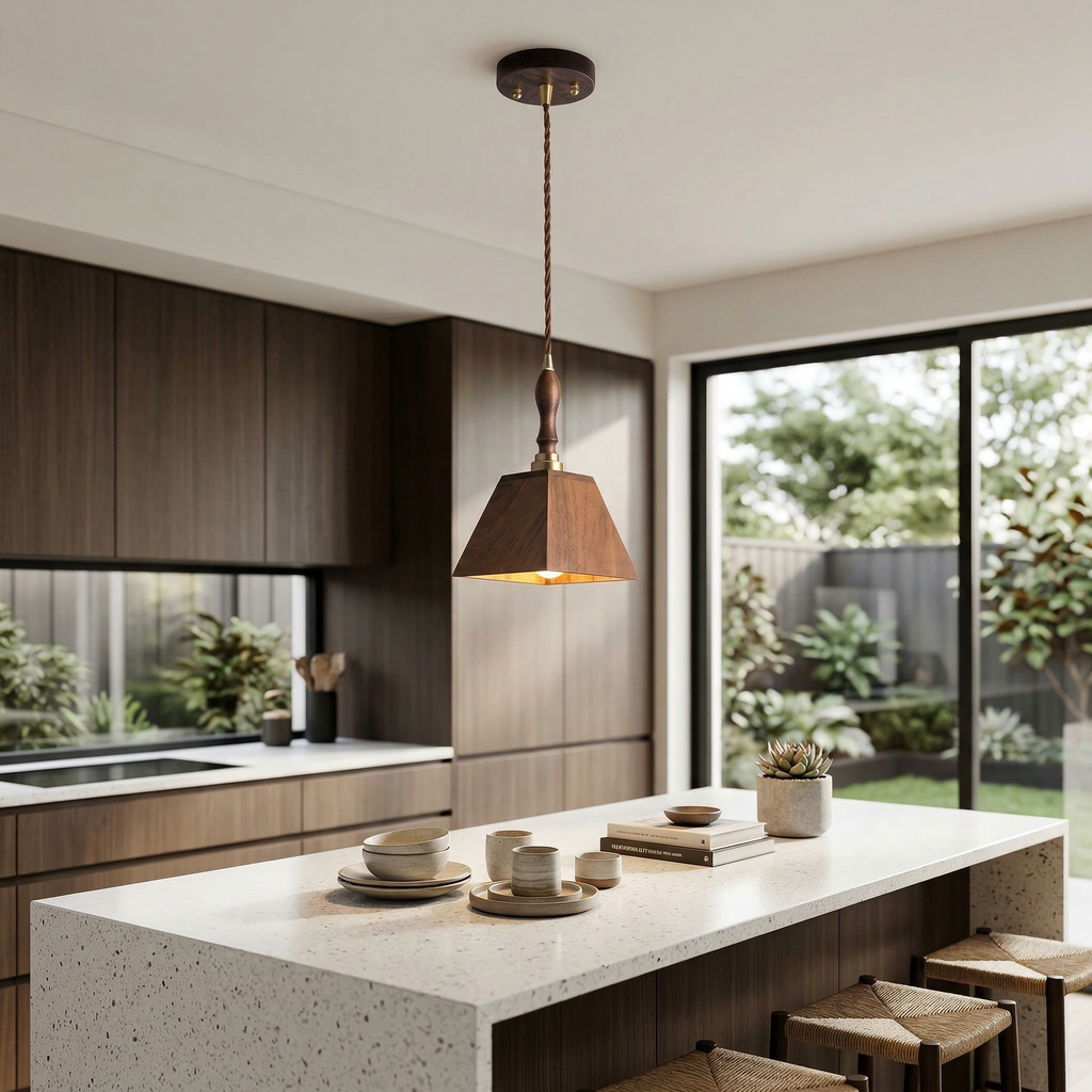Japanese Walnut Wood Pyramid Pendant Light Solid Modern Ceiling Fixture