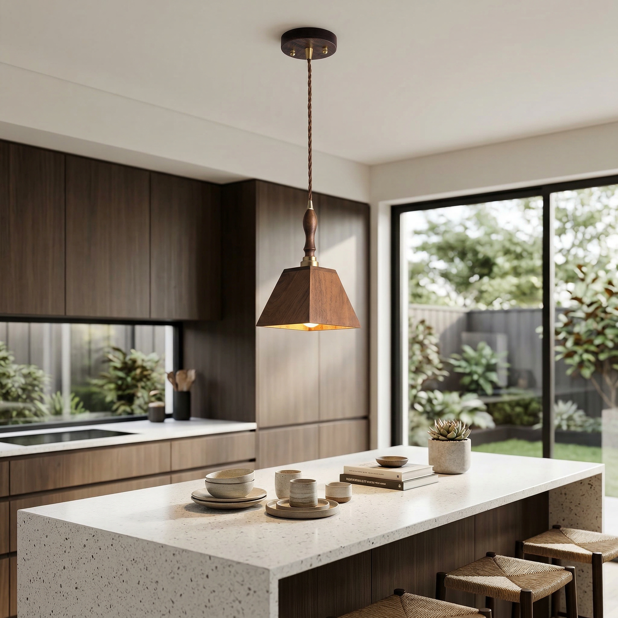 Japanese Walnut Wood Pyramid Pendant Light Solid Modern Ceiling Fixture