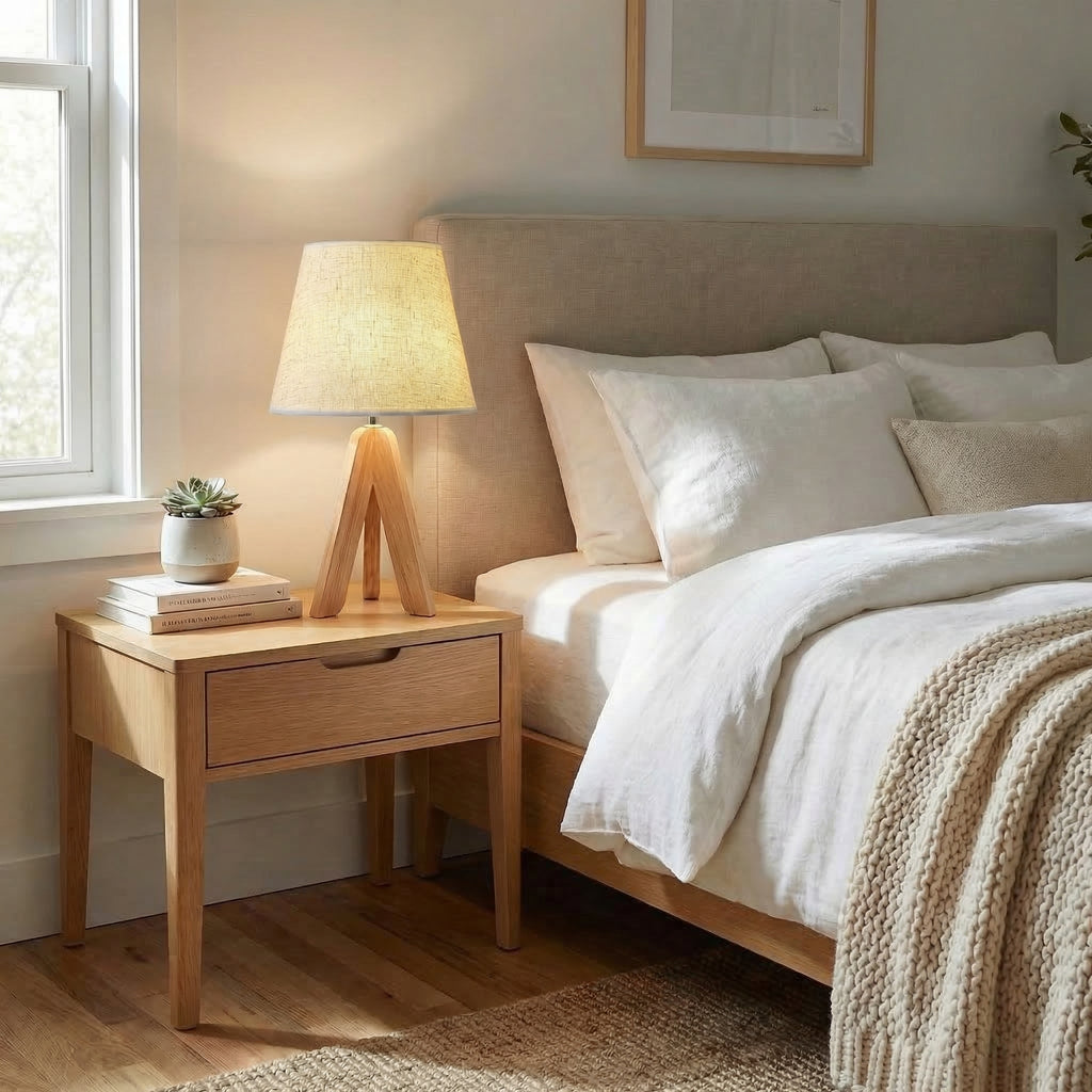 Scandinavian Wooden Tripod Table Lamp With Textured Fabric Shade