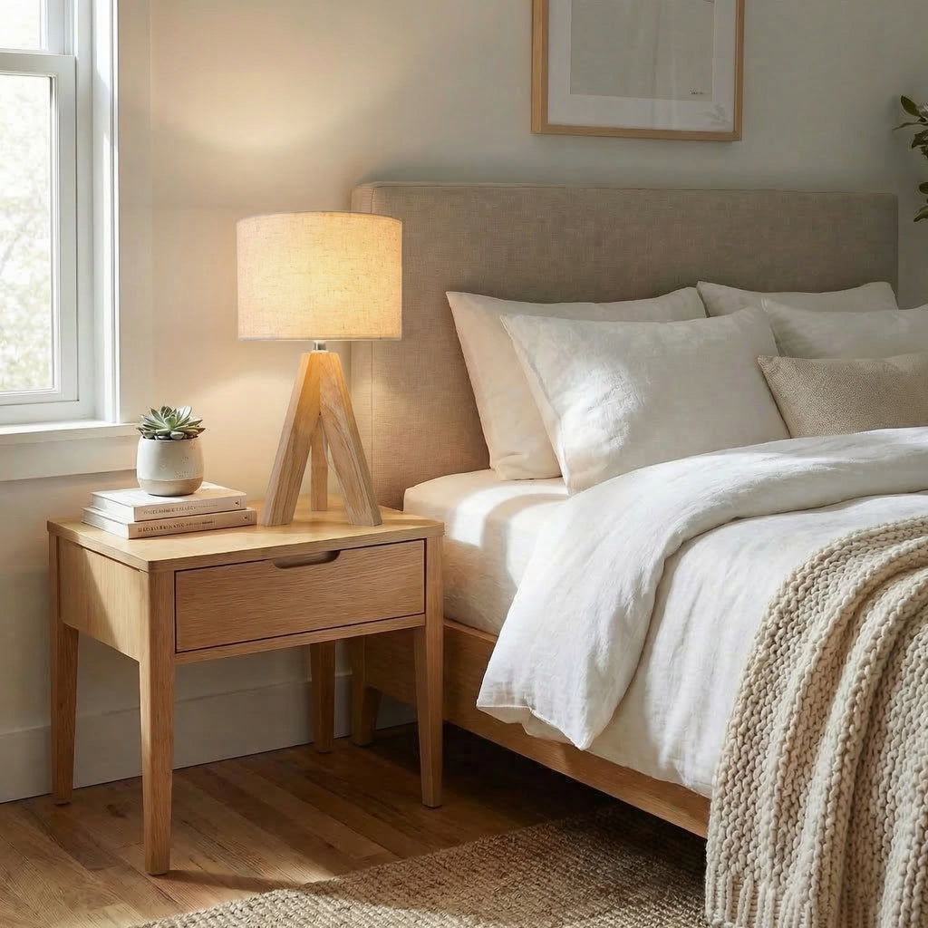 Nordic Wooden Tripod Table Lamp With Soft Fabric Shade And Modern Base